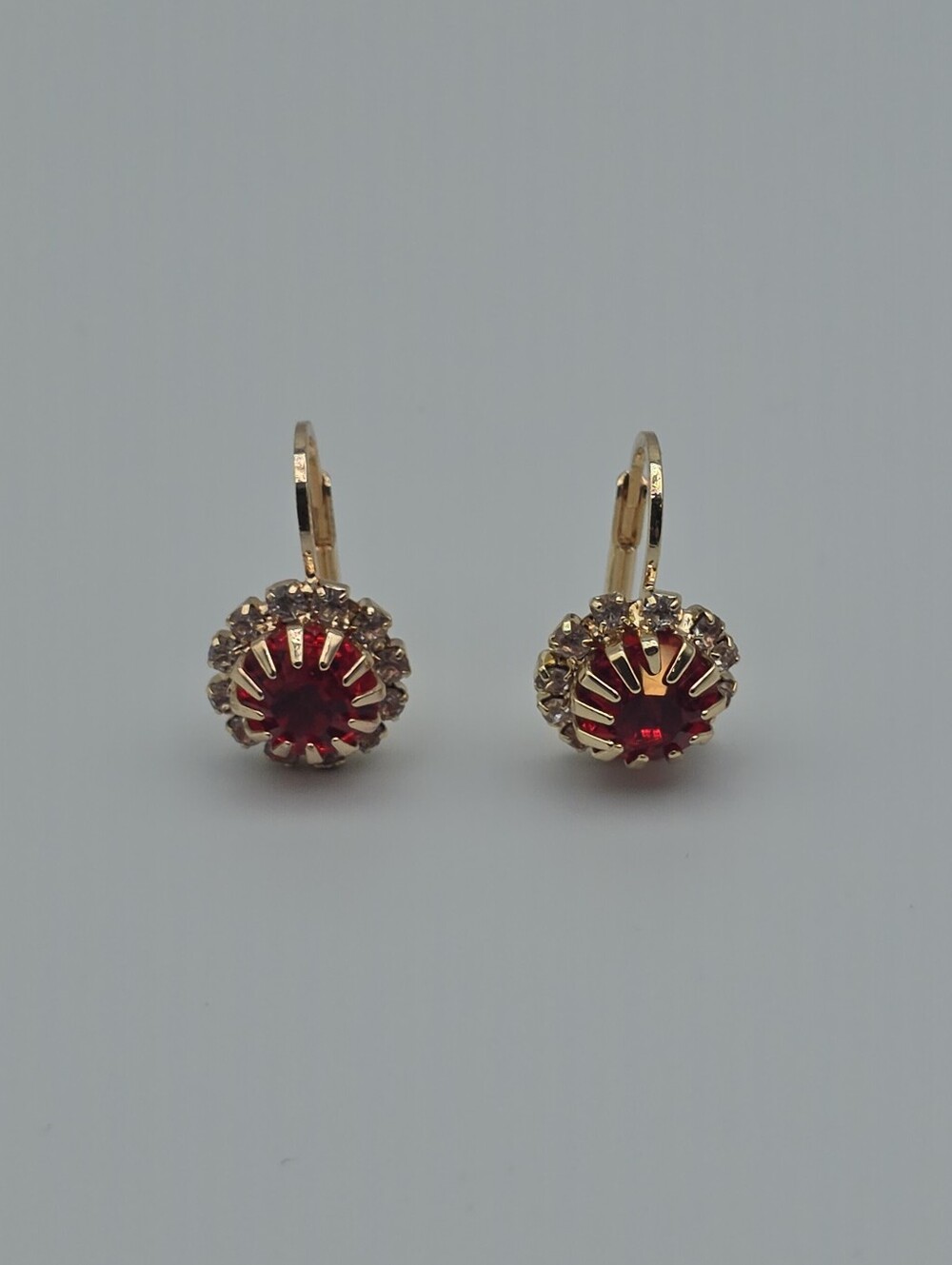 Gold-Plated Red Crystal Halo Drop Earrings